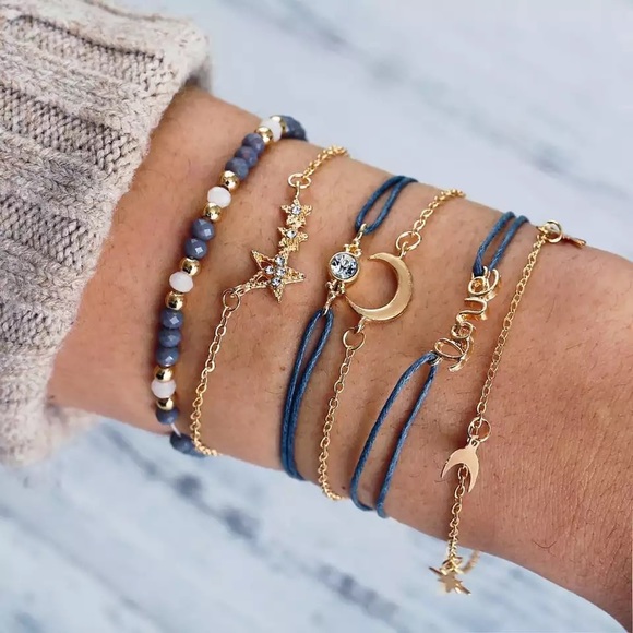 Jewelry - 6 Pcs Boho Bracelet Set with Moon, Stars & Love